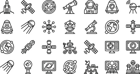 Detailed line icon collection of space exploration elements highlighting rockets, satellites, telescopes, astronauts, planets, rovers, and tracking monitors. © MD SHAHAG ISLAM