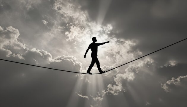 Tightrope Walker Silhouette Against Dramatic Sky