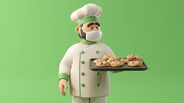 A 3D chef with thick eyebrows and a face mask is standing while holding a tray of chocolate chip cookies; the chef appears to be presenting a bread menu while gesturing with his hands. 