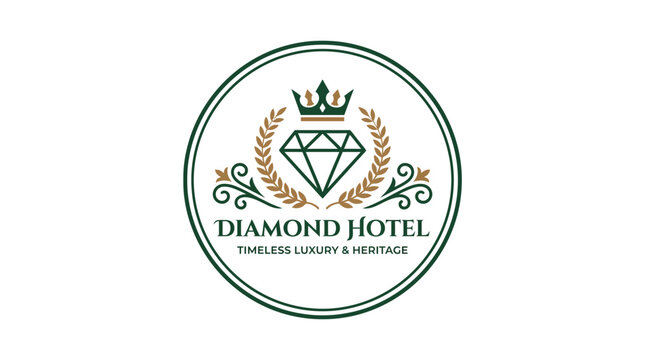 Diamond Hotel logo with crown and laurel wreath, symbolizing luxury and prestige.