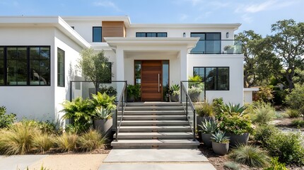 Fototapeta premium Modern luxury home exterior with white stucco walls and a grand wooden front entrance door