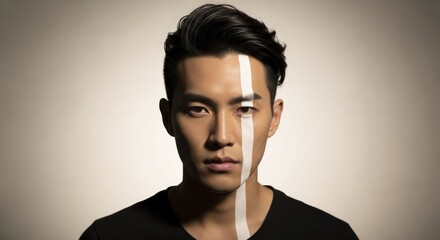 Obraz premium asian man with vertical white face paint stripe, minimal dramatic portrait