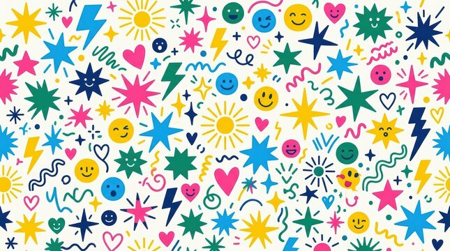 Seamless pattern with cute doodle elements like stars, suns, hearts, and smiley faces isolated on white background