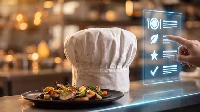 Digital menu management platform, hand tapping holographic checklist with plate, leaf, star and checkmark beside chef hat and gourmet dish, culinary tech and restaurant service