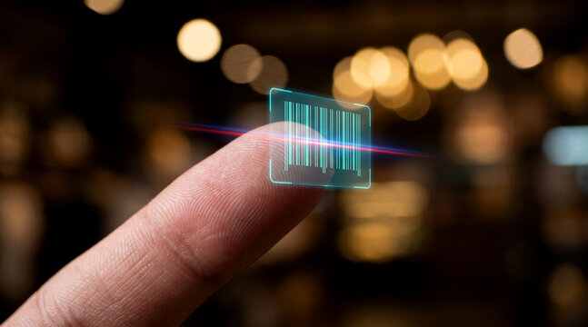 Human finger interacting with digital holographic barcode scanning interface with touching glowing holographic