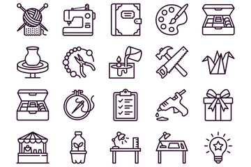 Fototapeta premium Creative arts and crafts icons set featuring various tools and materials for DIY projects on white background