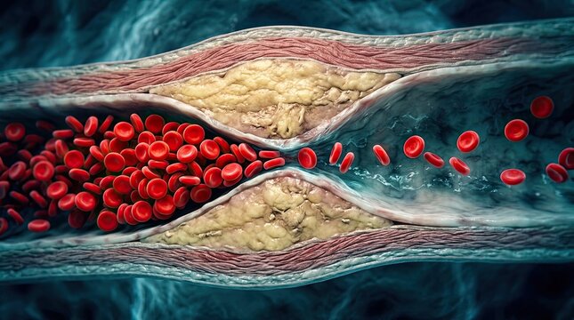 Close up 3d illustration of a narrowed artery showing plaque buildup restricting blood flow with illustration depicts cross section artery significant narrowing lumen impeding red blood cells body