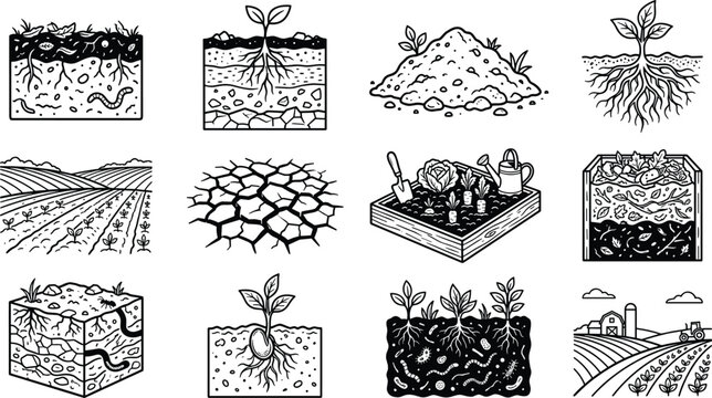 Organic farming soil layers and gardening line icons set including plant roots field drought composting compost bin and rural landscape concept