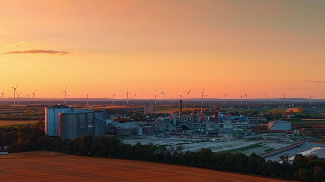 Industrial plant and wind turbines under orange twilight sky. Manufacturing facility stands before a horizon lined with wind generators at dusk.