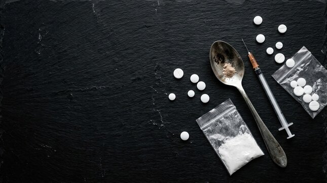 Illegal drug paraphernalia including syringe spoon and white pills on black background with pills dark surface displays syringe spoon powder top view flat lay rehabilitation addiction substance
