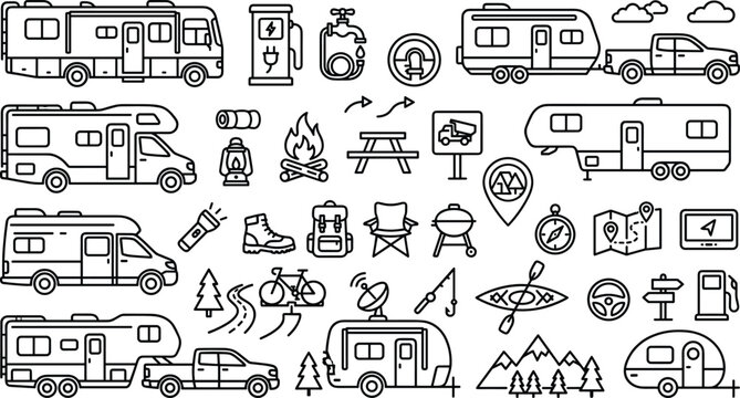Recreational Vehicle RV Campground Icon Set with Motorhomes Travel Trailers Camping Amenities and Outdoor Activity Outline Vectors