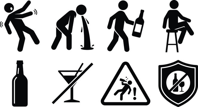 Alcohol Abuse and Drunk People Pictogram Vector Icon Set Featuring Vomiting Tripping Drinking Prohibition Caution and Safety Symbols
