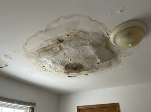 A damaged ceiling with water stains and peeling paint, indicating a leak or water damage. A light fixture is visible on the ceiling as well