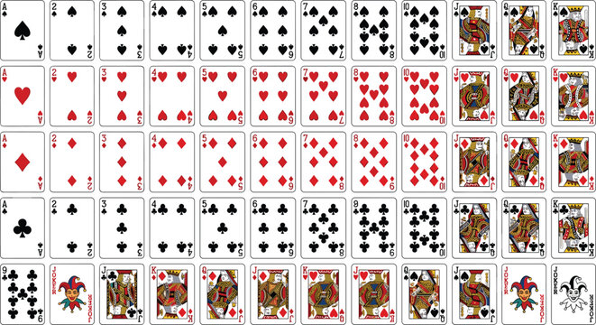 Full Playing Cards Deck Vector Set Featuring Spades Hearts Diamonds Clubs Ace King Queen Jack Joker Symbols for Casino Game Designs