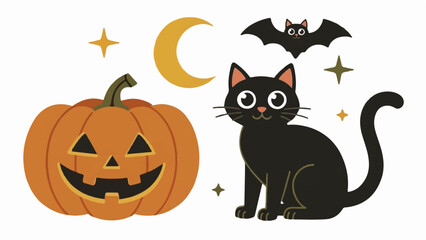 Fototapeta premium Cat sitting next to a carved jack-o-lantern under a crescent moon represents a traditional spooky Halloween night.