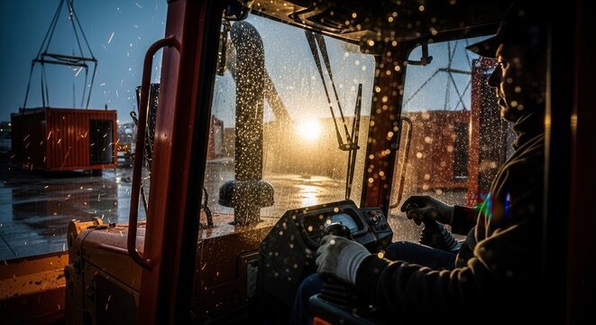 Forklift Operator Working In Rain At Dusk With Container Lift