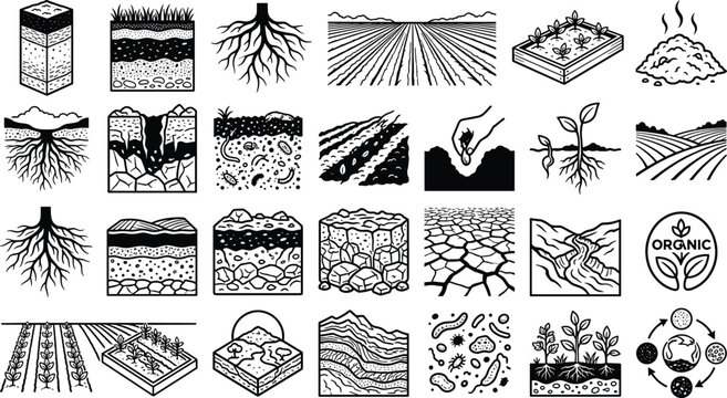 Soil geology agriculture and organic farming line icons set including earth layers plant roots field drought erosion and microbial ecosystem