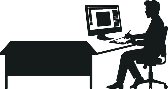 Graphic Designer Working On Computer With Drawing Tablet Vector Silhouette