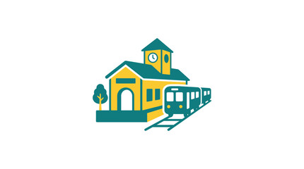 Fototapeta premium Modern Train Station Building with Train on Tracks, Vector Illustration