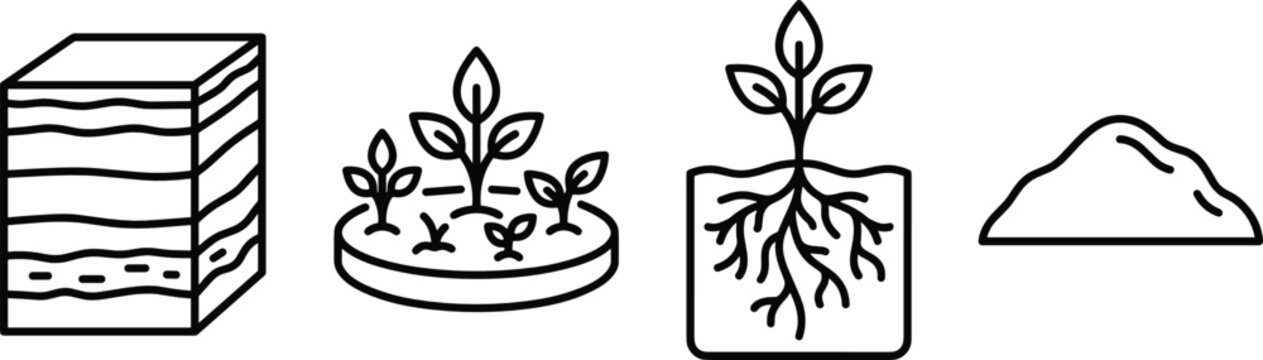 Soil structure and plant growth line icons set including underground earth layers cross section roots farming and ground pile