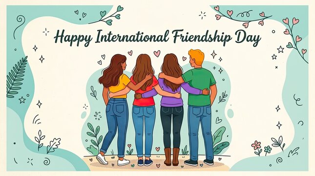Celebrate international friendship day with group of friends standing together with together arms around around each other relationship illustration celebration connection community affection with joy