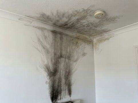 Severe mold growth on a white ceiling and wall, indicating water damage and poor home maintenance. A smoke detector is visible on the ceiling