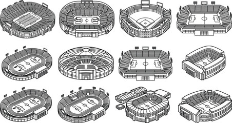 Vector illustration collection of isometric sports stadiums featuring football fields, soccer pitches, basketball courts, and baseball diamonds. © MD SHAHAG ISLAM