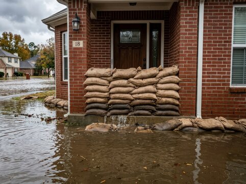 Sandbags stacked high in front of a house protecting it from floodwater. The brick house has a front door and a porch. Water is visible around the sandbags and in the street
