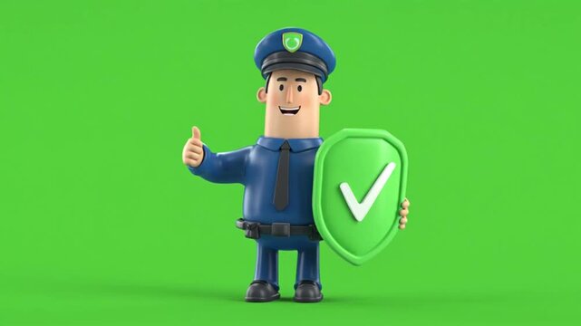 A security guard standing, wearing a dark blue uniform and cap, a green badge, and a black tie, set against a green background; a 3D model.