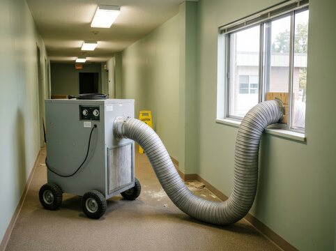 A portable air conditioning unit with a large flexible hose is set up in a hallway, with the hose extending out of a window