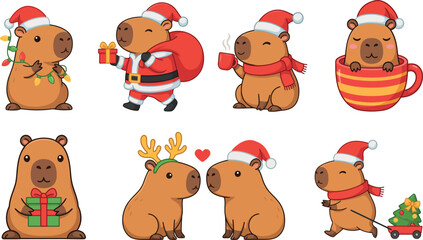 Fototapeta premium Cute Christmas Capybara Character Clipart Set Vector with Santa Claus Suit, Reindeer Antlers, Mug, and Winter Holiday Outfits on Isolated White Background