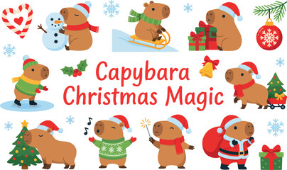 Cute Christmas Capybara Sticker Icon Set Vector with Santa Claus Outfits, Gifts, Snowman, and Holiday Typography Elements on Isolated White Background
