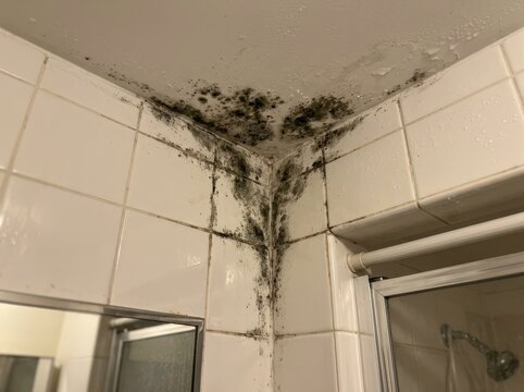Mold growing in the corner of a tiled shower