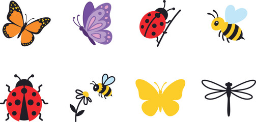 Fototapeta premium Cute Spring Insects Butterfly Ladybug Honeybee Dragonfly Vector Illustration Collection Set Isolated On White Background
