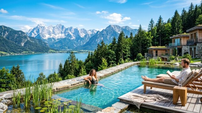 Couple enjoys luxury mountain resort pool with stunning lake and alpine views