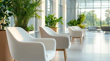 Fototapeta premium Spacious Waiting Room Indoor Plants Floor Ceiling Windows Wide Angle Interior View, calming empty waiting room, modern commercial interior, relaxing hospitality design