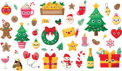 Fototapeta premium Cute Christmas Sticker Icon Set Vector with Gingerbread Man, Christmas Trees, Santa Claus, Snowman, and Festive Holiday Elements on Isolated White Background for Stationery Designs