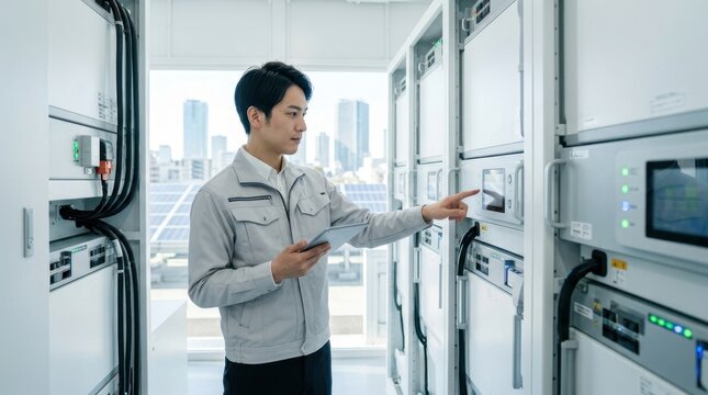 Technician monitors electrical equipment with tablet in modern data center facility