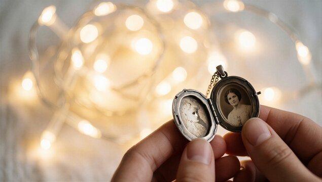 Hands hold an antique open locket illuminated by warm, soft bokeh string lights