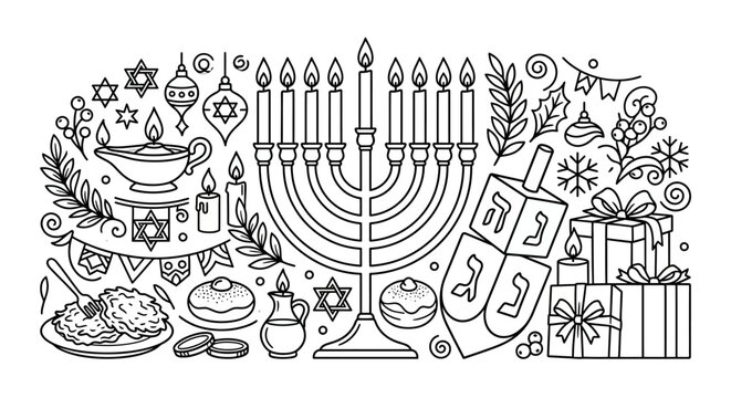 Minimalist Black and White of Hanukkah Symbols Candles Traditional Foods and Gifts for Festive Decoration