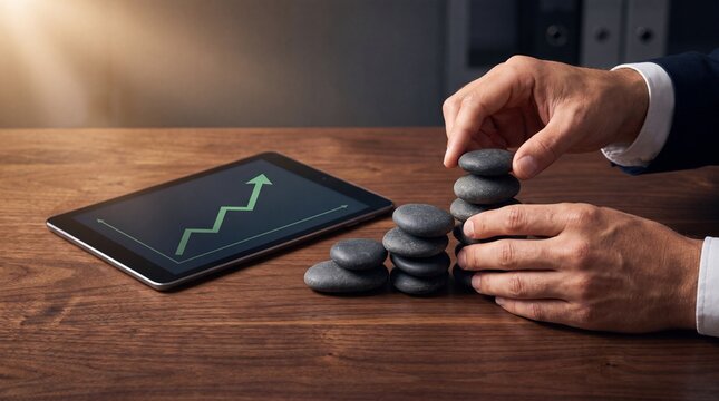 A businessman carefully stacks smooth black stones on a wooden desk next to a tablet displaying an upward-trending financial graph, symbolizing steady growth and strategic planning.