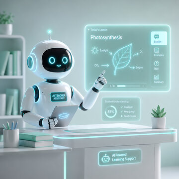 Friendly AI Robot Teacher Assistant Explaining Photosynthesis to Student in Bright, Modern Classroom Environment with Bookshelf and Potted Plant