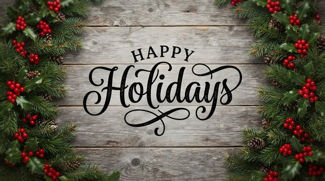 Handwritten Happy Holidays sign on rustic wooden background. Festive Christmas greeting card with red berries and greenery for seasonal decor.