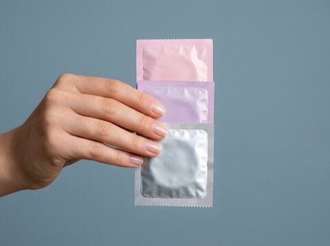 Hand holding condoms safe sex and sexual health concept