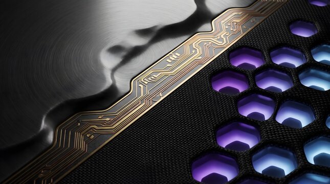 Futuristic technological background with glowing hexagon mesh and copper circuitry