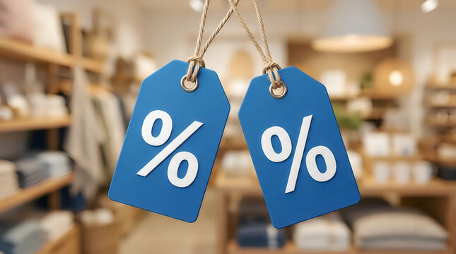 Two blue price tags with percentage symbols hanging in a blurred retail store environment representing seasonal sales and discounts