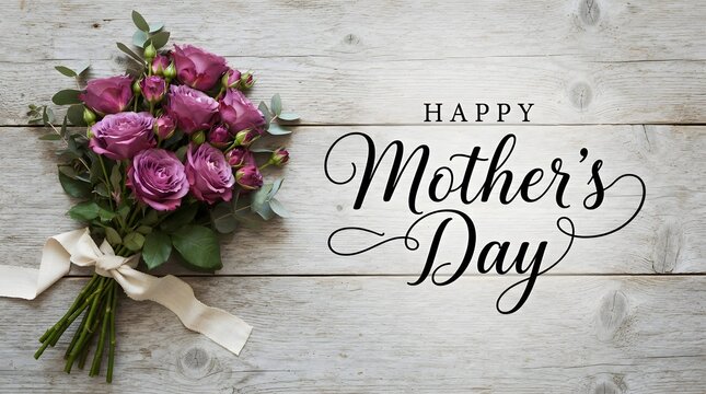 Happy Mother's Day bouquet of pink roses on wooden background. Floral gift arrangement with handwritten greeting card for mom celebration.