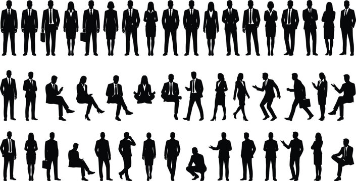 Diverse business people crowd silhouettes group standing sitting walking talking squatting wearing formal office attire vector collection