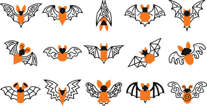 Set of stylized decorative bat icons with intricate wing patterns for halloween design and spooky graphic projects