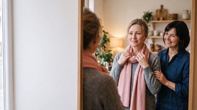 Mirror Reflection of Friendship: Two women, one adjusting a pink scarf and the other offering a smile, admire their reflection in a wooden mirror.